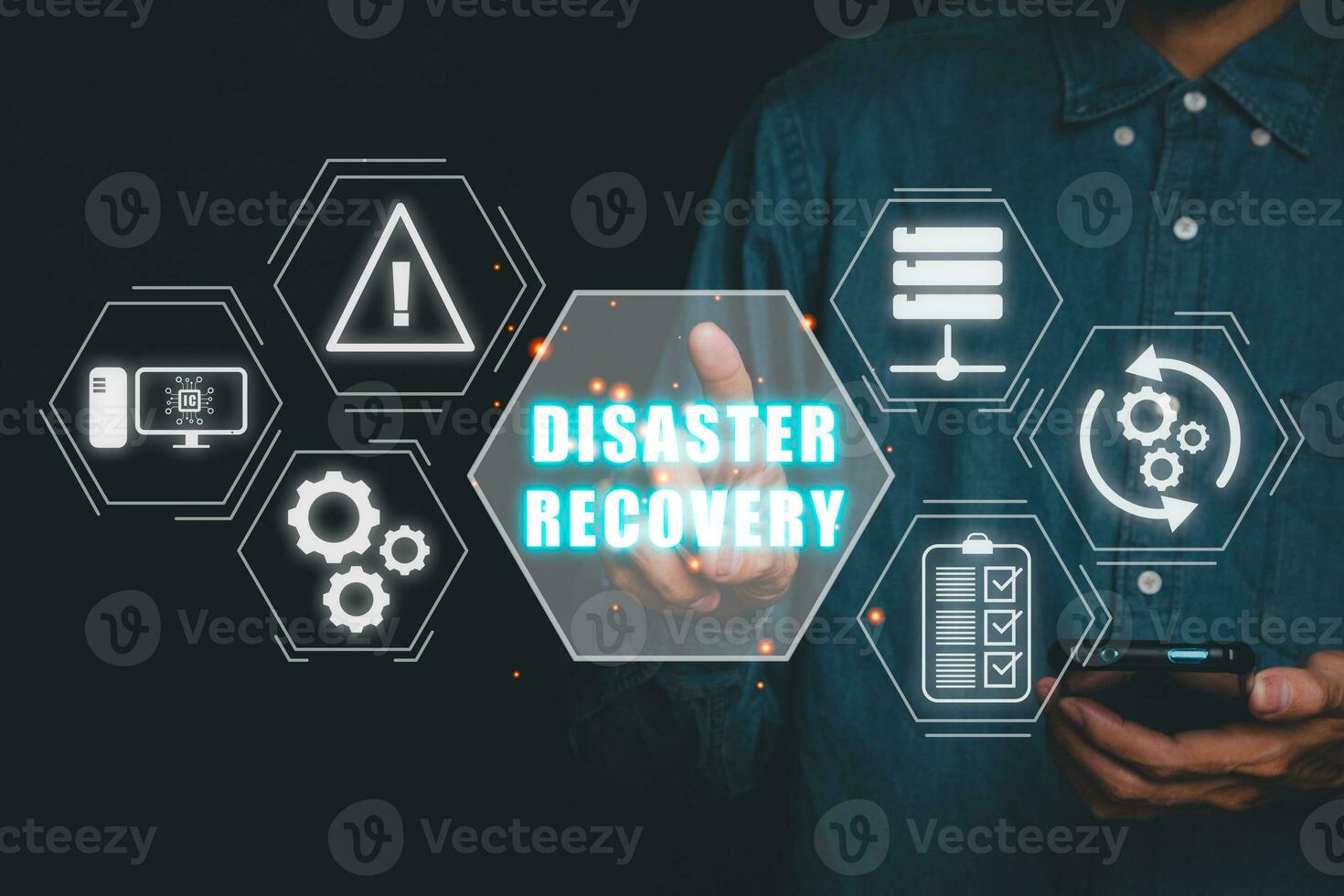 Disaster Recovery concept, Person hand touching disaster recovery icon on virtual screen background, Data loss prevention. photo
