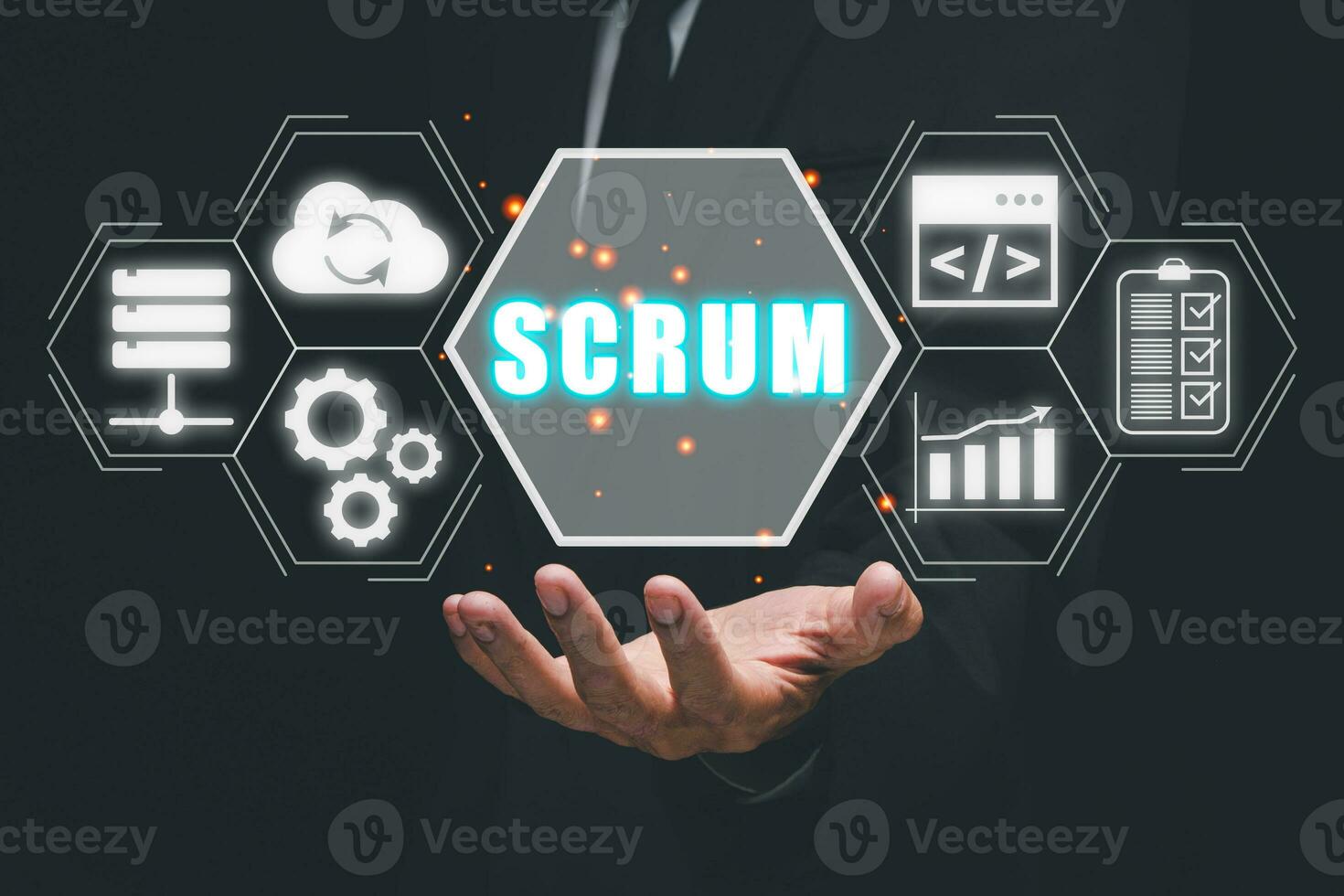 SCRUM concept, Business person hand holding SCRUM icon on VR screen ...