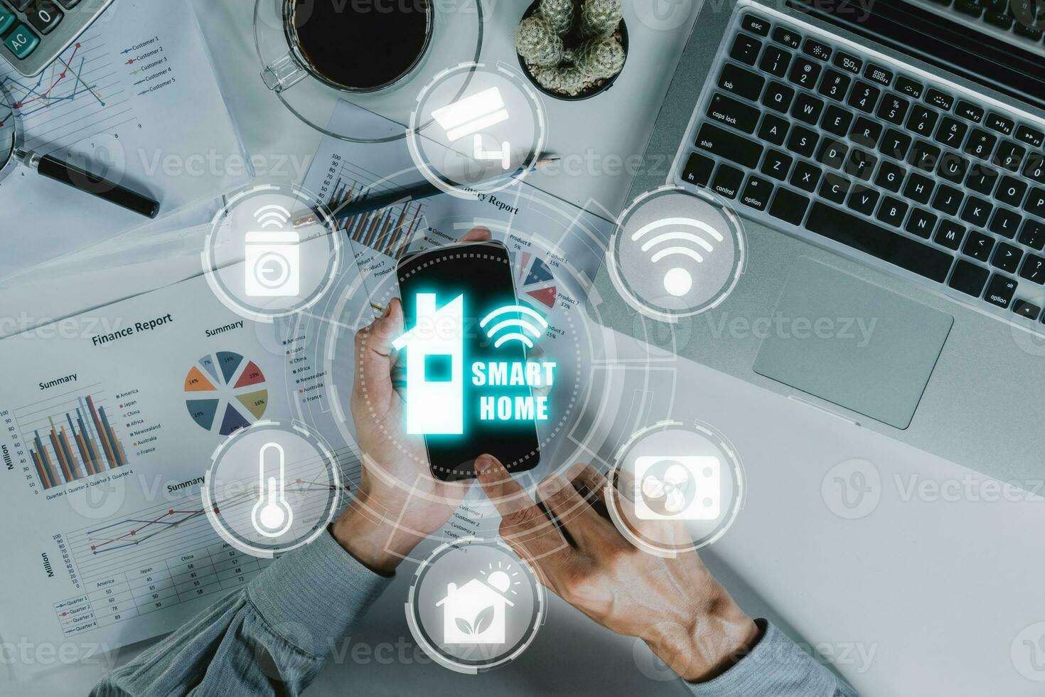 Smart home automation control system, Man hand using smart phone with smart home control icon on VR screen, Innovation technology internet network concept. photo