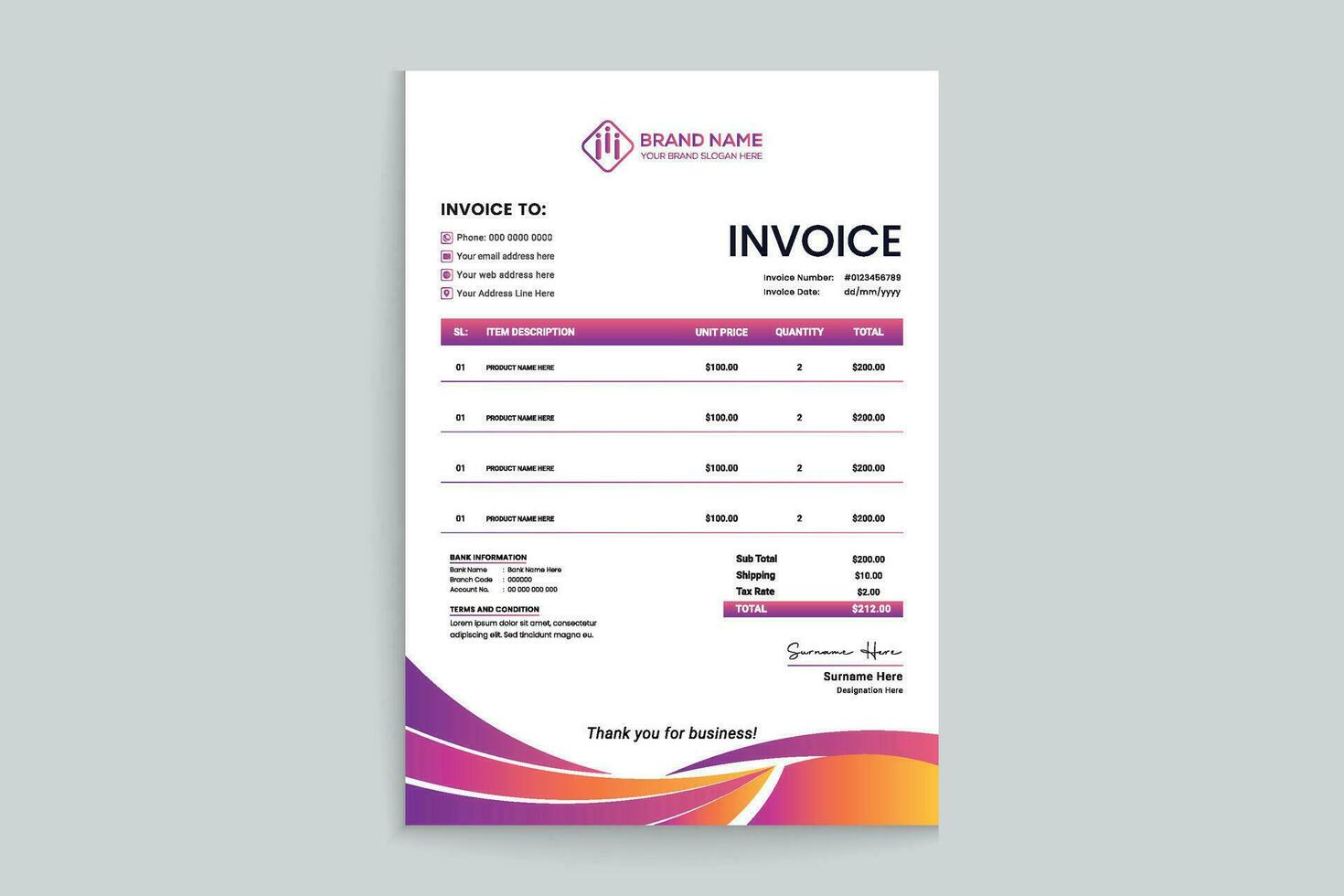 Gradient color invoice template vector