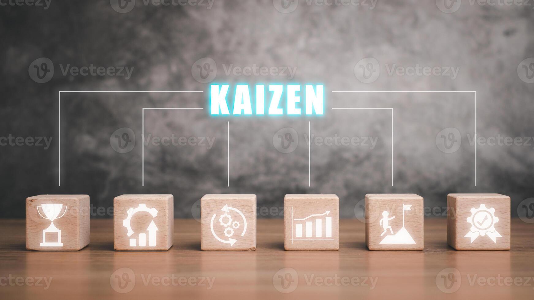 KAIZEN concept, Wooden block on desk with kaizen icon on virtual screen, Business philosophy and corporate strategy concept of continual improvement. photo