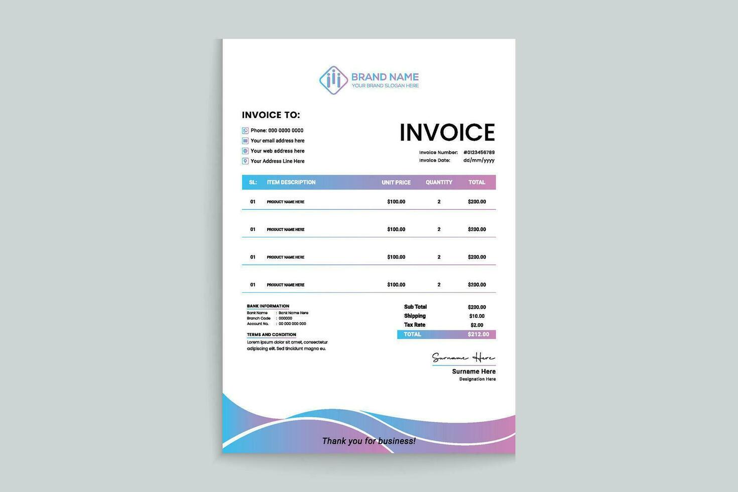Gradient color  invoice design vector