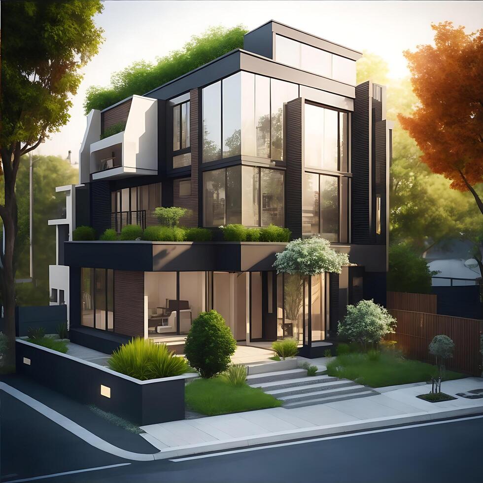 A Contemporary glass building completely transparent surrounded by a tropical garden, photo