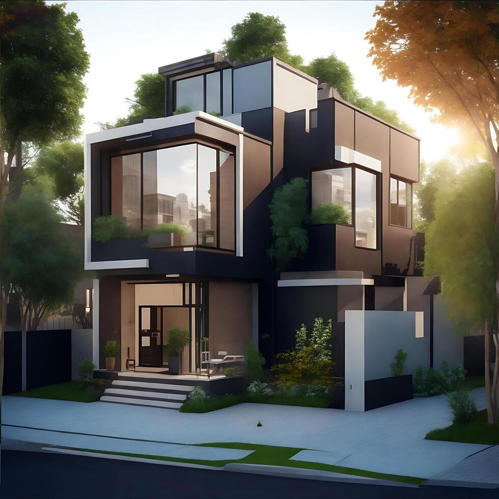 A Contemporary glass building completely transparent surrounded by a tropical garden, photo