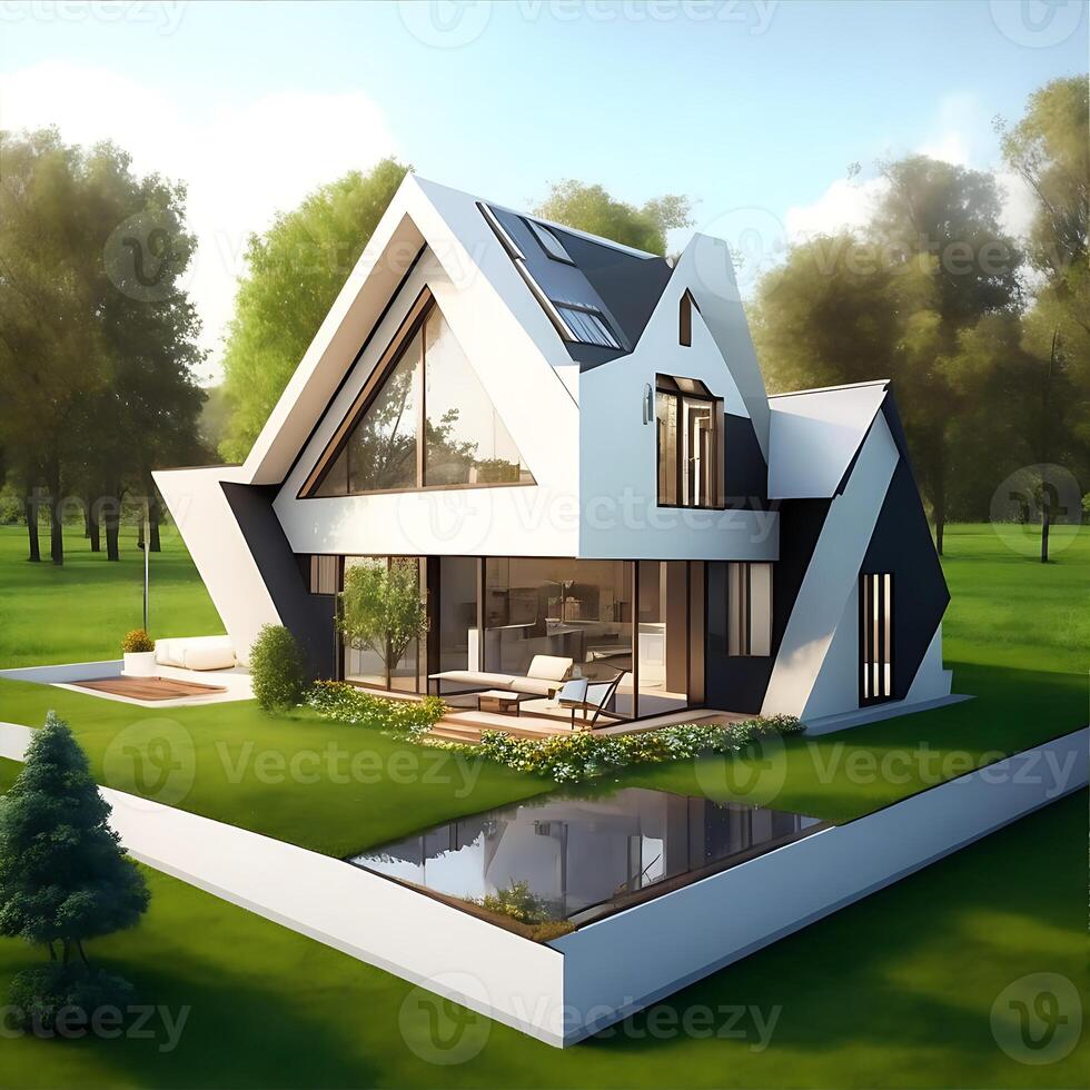 Modern house with solar panels on the roof. Clean energy concept. photo