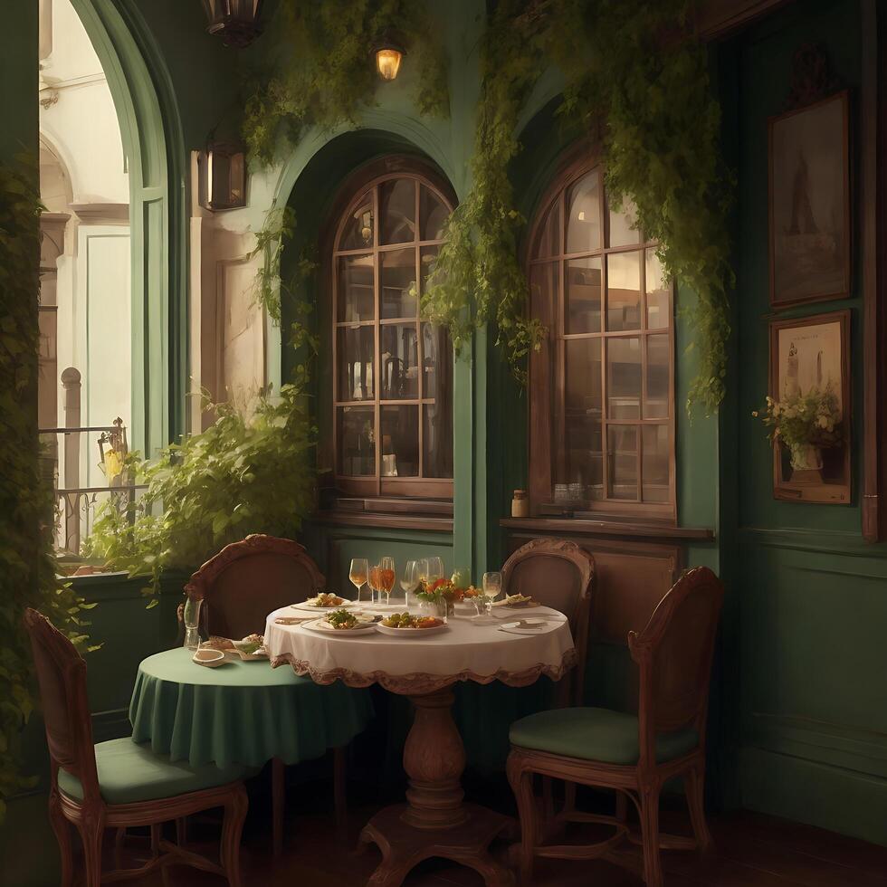 Luxurious Restaurant Interior with Tables, Chairs, and Plants. Photo