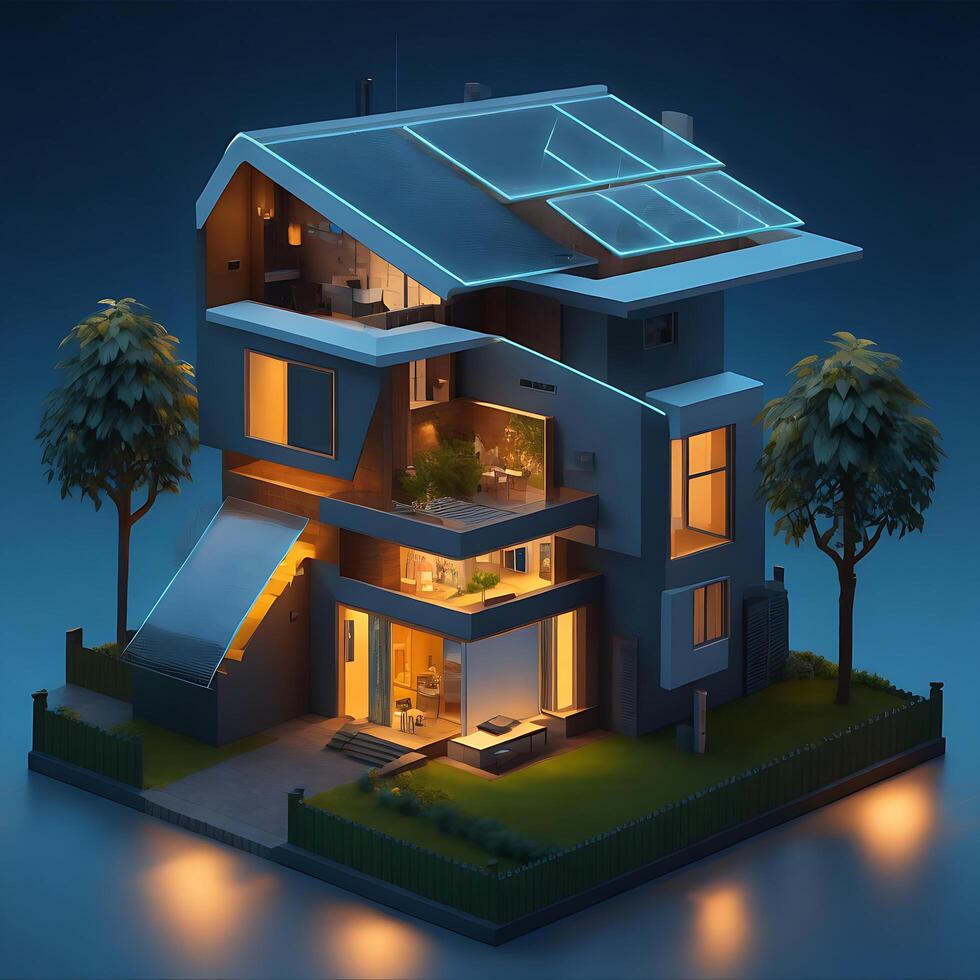 Solar panels on idilic 3D house. Natural resource of energy. photo