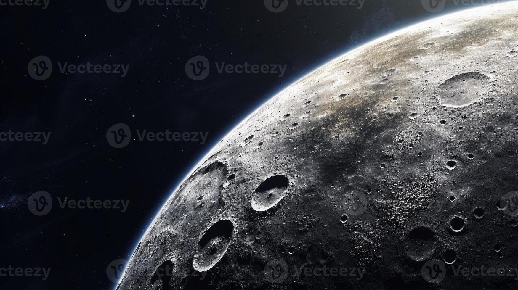 Panoramic view of the moon out in the space. . photo