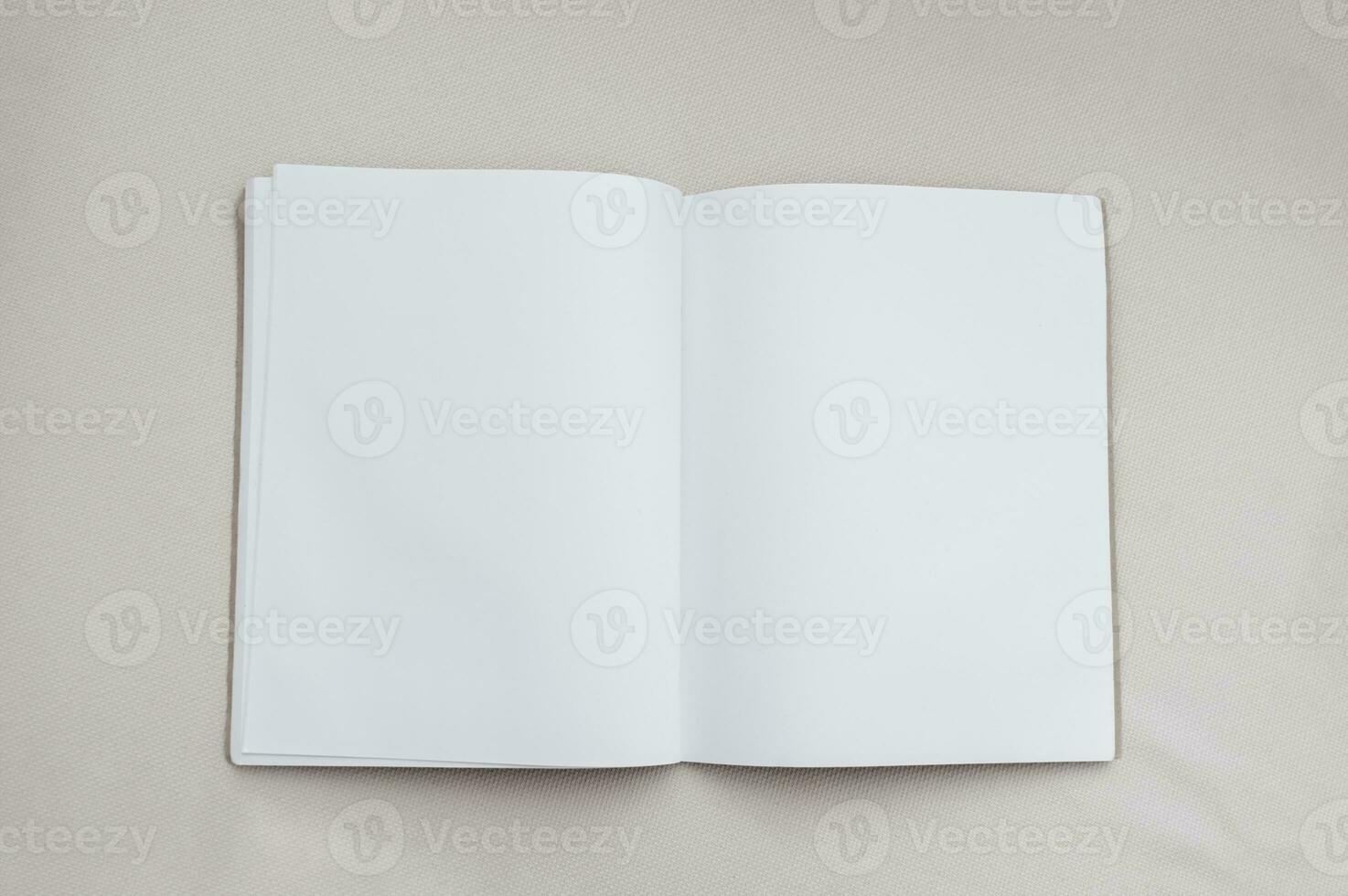 Empty Book on Canvas Texture Background, Open Diary or Notebook mockup with white paper blank pages, Flat Lay Blank Catalog with copy space photo