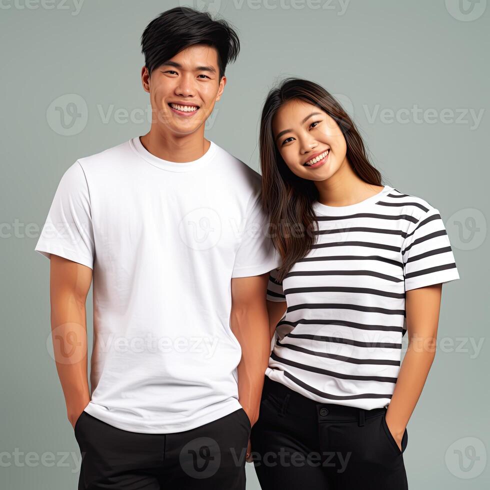 Illustration of a fashion portrait with plain t-shirt mockup, photo