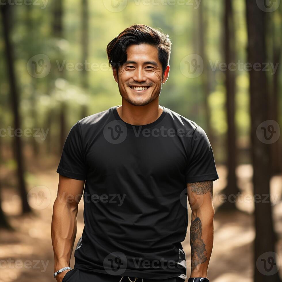 Illustration of a fashion portrait with plain t-shirt mockup, photo