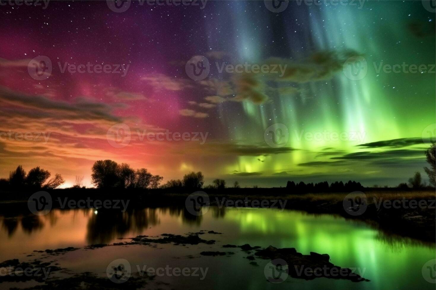 Aurora landscape with northern lights, generative ai photo