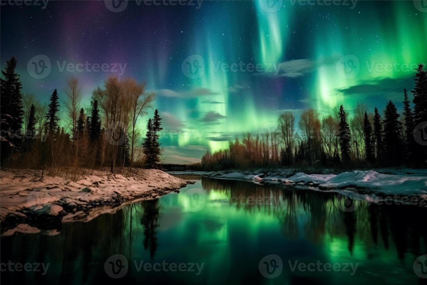 Aurora landscape with northern lights, generative ai photo