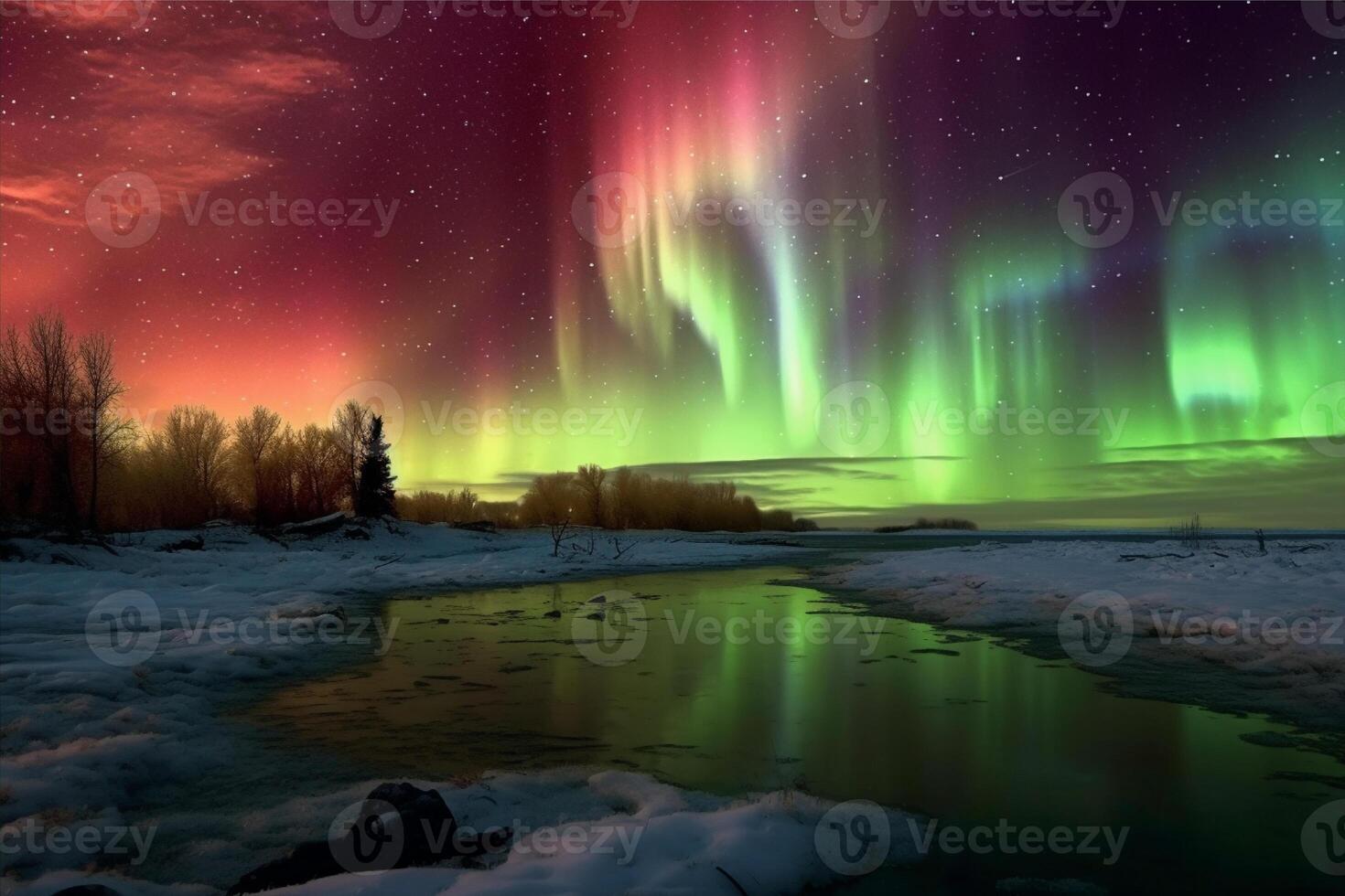 Aurora landscape with northern lights, generative ai photo