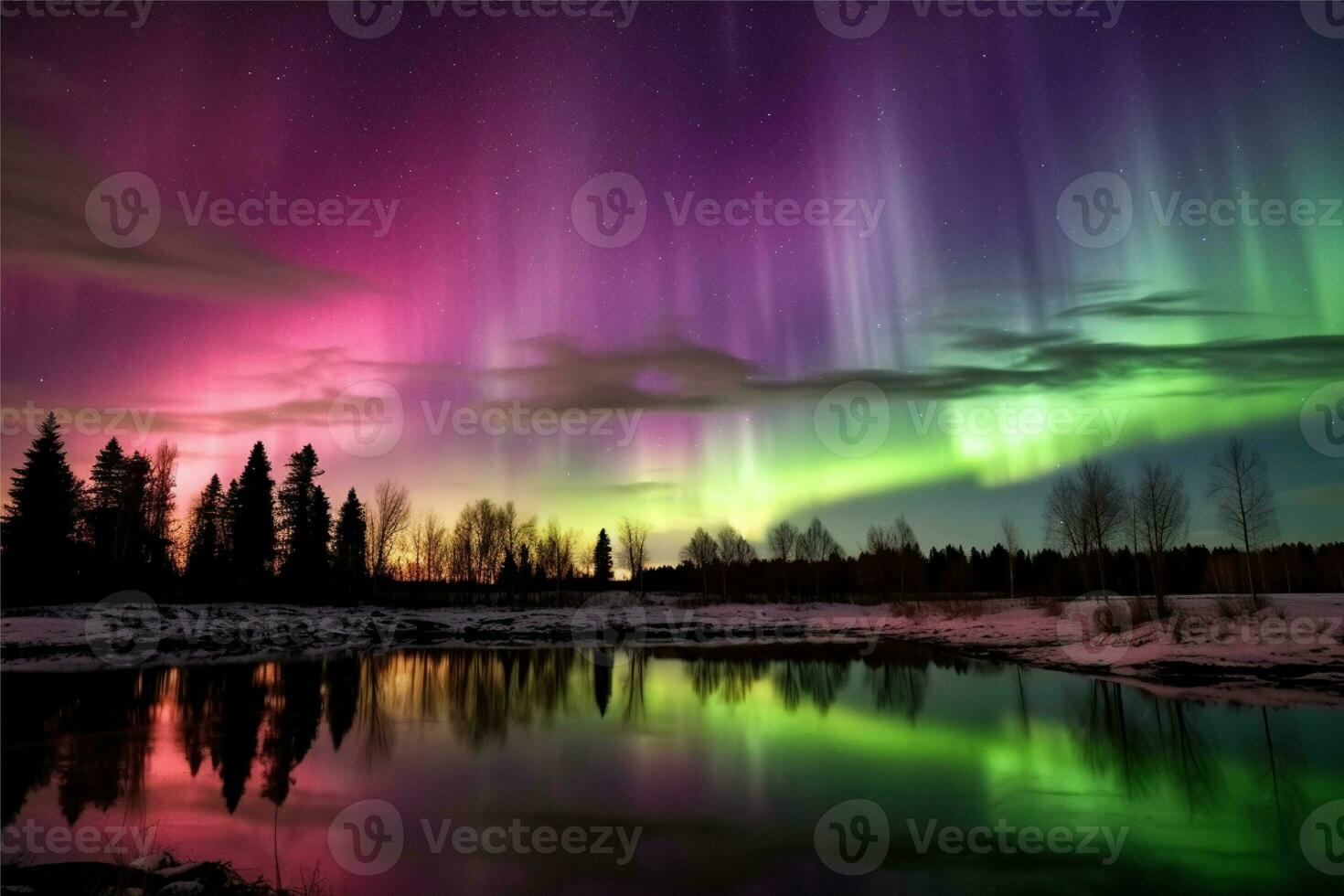 Aurora landscape with northern lights, generative ai photo