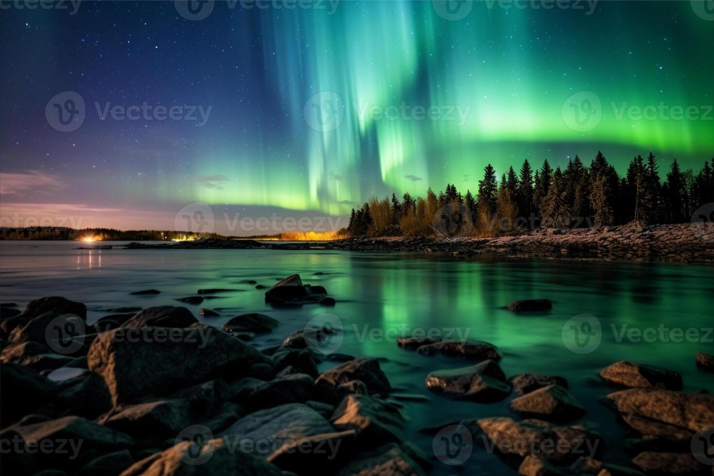 Aurora paisaje con del Norte luces, generativo ai foto