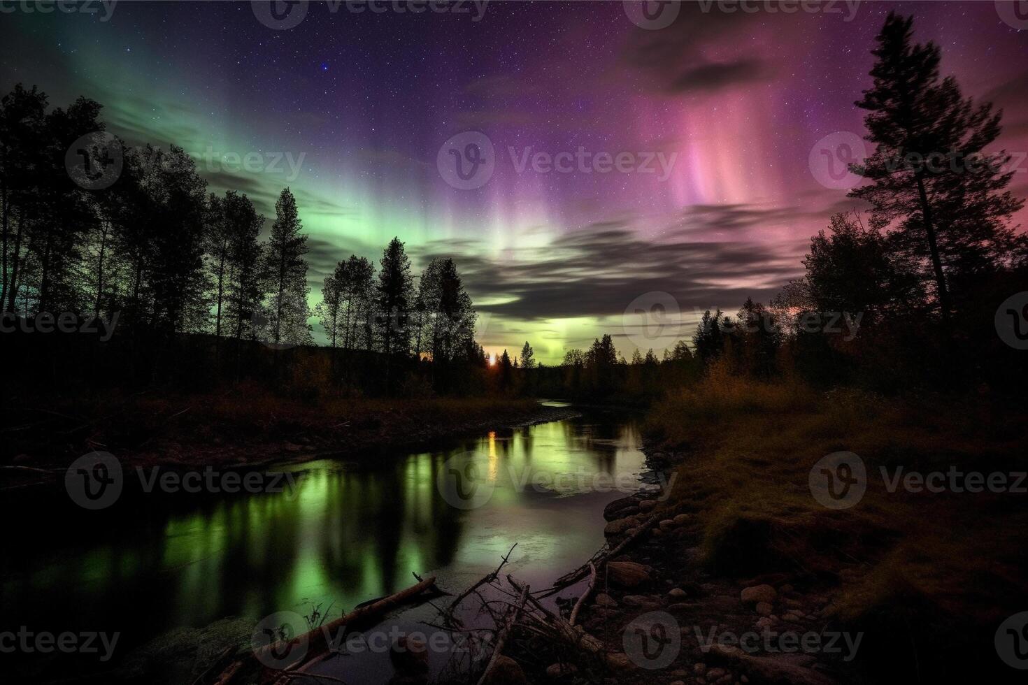 Aurora landscape with northern lights, generative ai photo