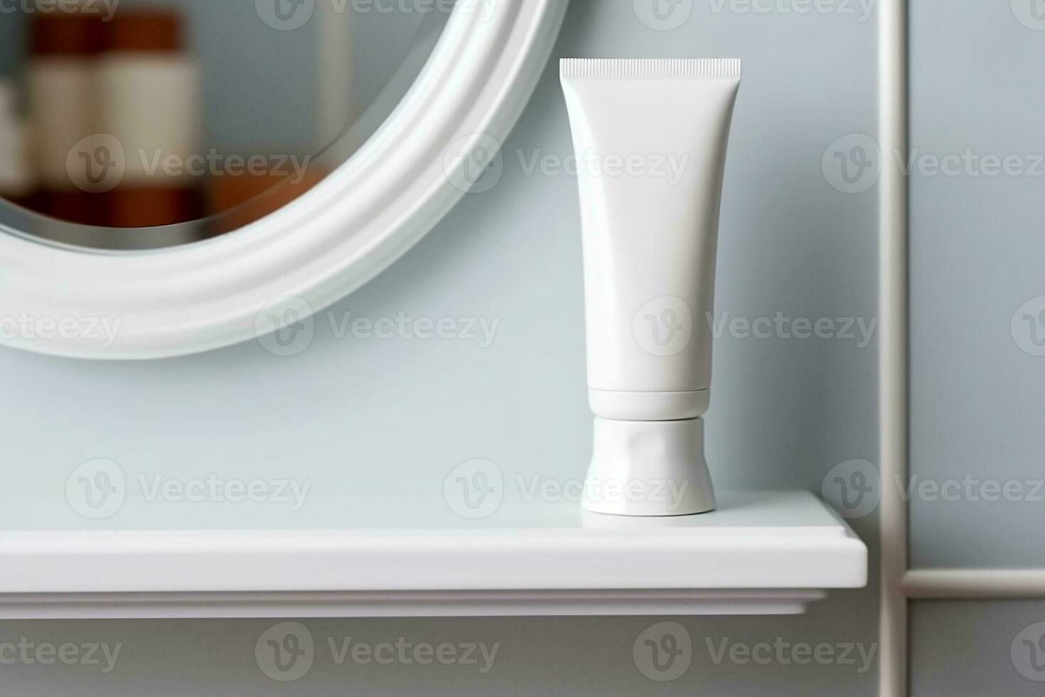 A mock-up of a tube of white cream with a lid is on the shelf photo
