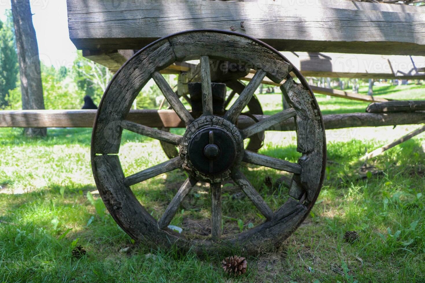 un antiguo de madera carro con grande ruedas en el granja con bosque antecedentes foto