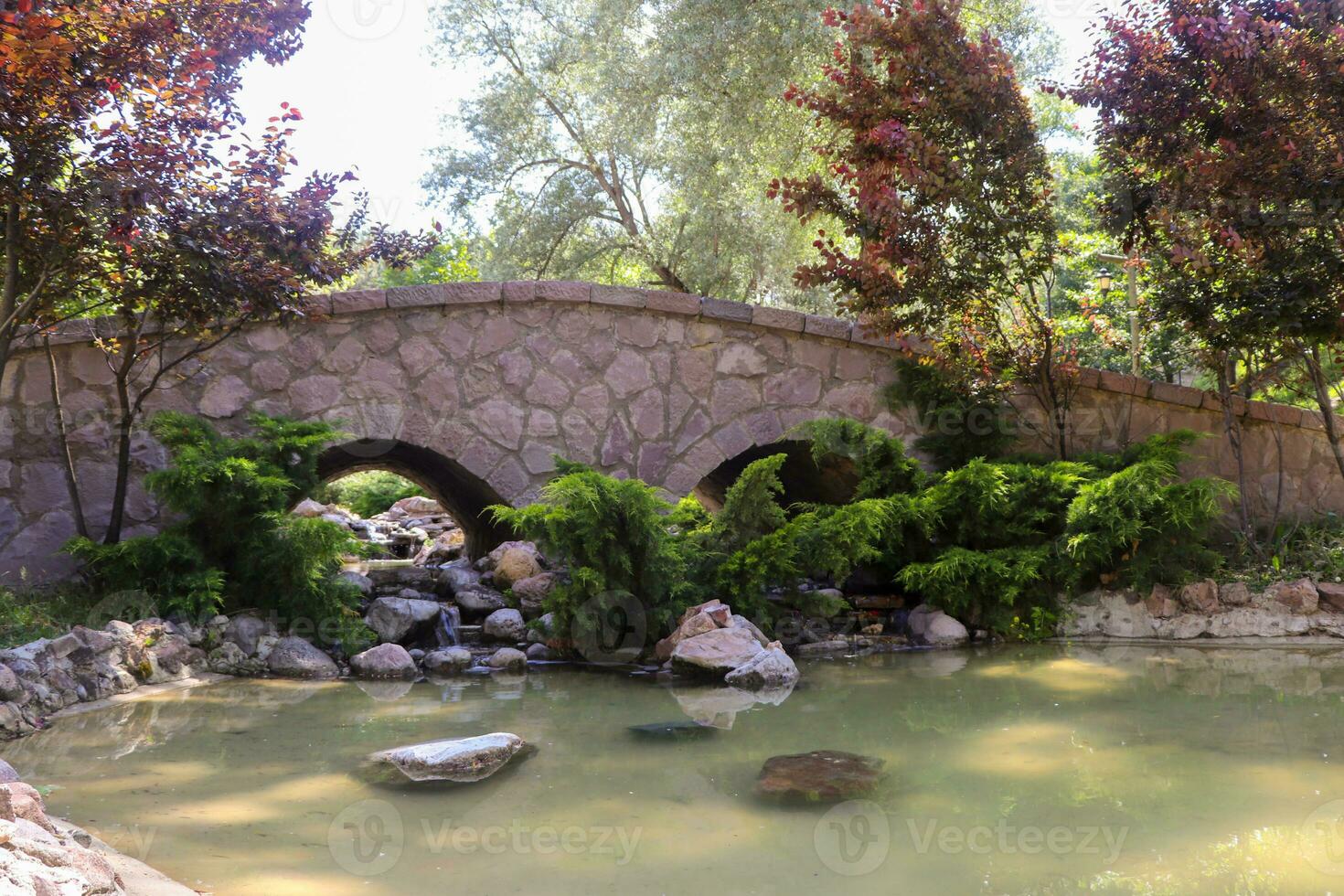 Scenery of Old Pack Horse Bridge over calm river under cloudy sky photo