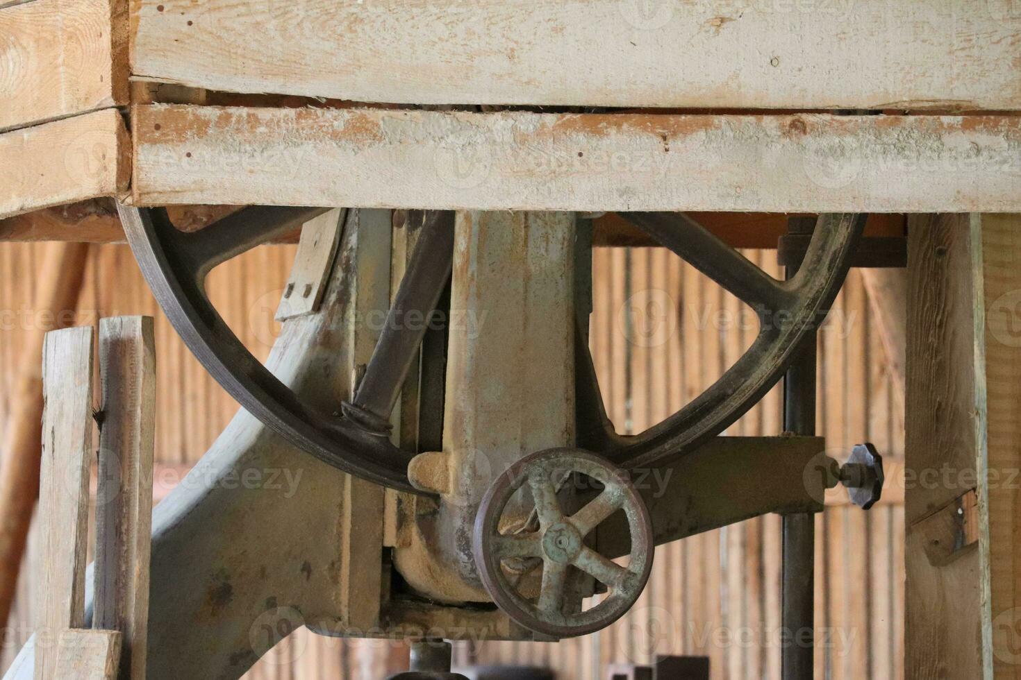 old sawmill in the woodworking workshop. Timber working shop photograph. photo