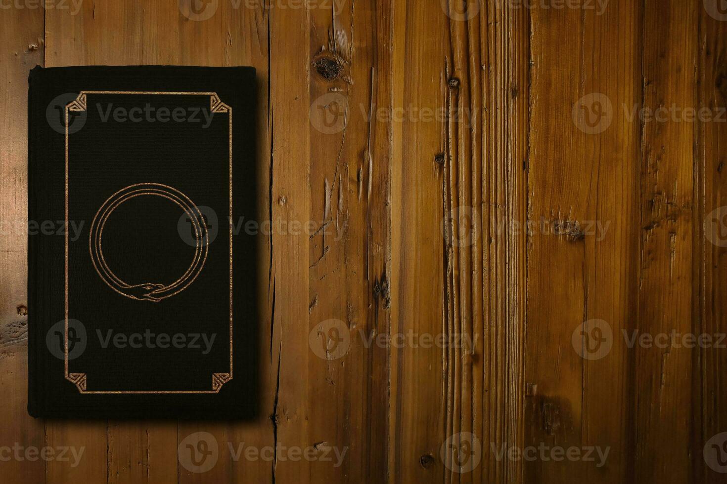 Book with a gilded Ouroboros on a wooden desk photo