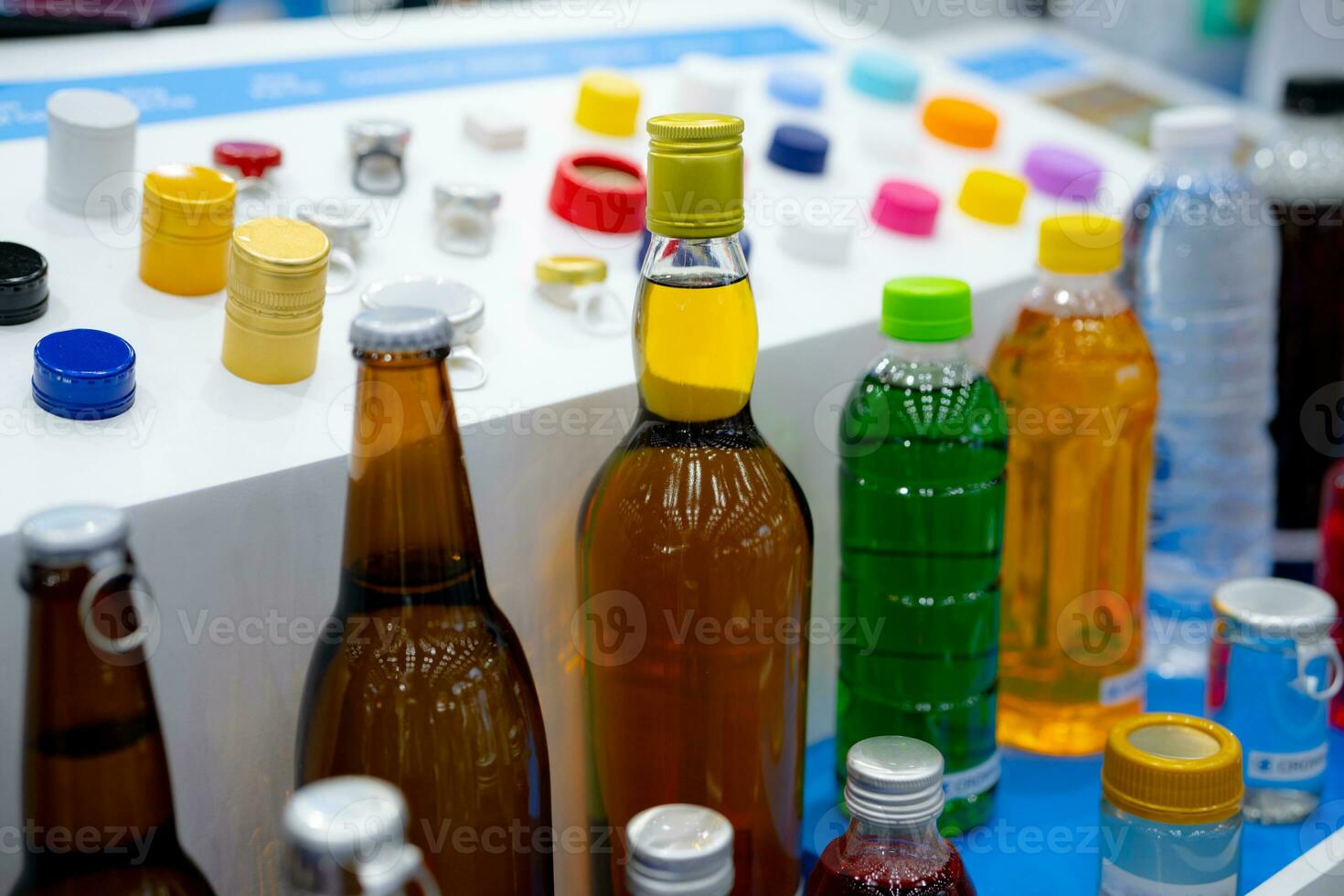 Caps packaging concept. Bottle caps and closures packaging design. Screw caps. Plastic cap and pilfer-proof cap. Various cap products. Bottle caps for alcohol drink, beer, water, and fruit juice. photo