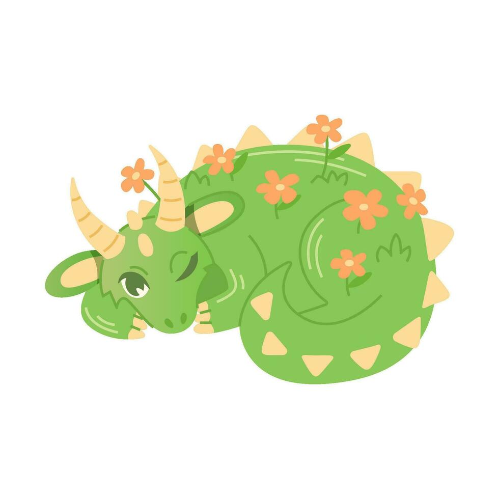 Large green dragon, covered with flowers, lies with one eye open. vector