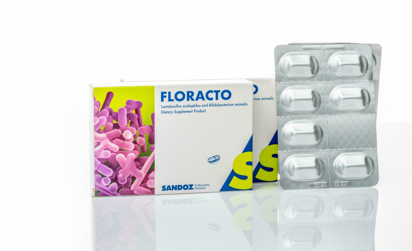 CHONBURI, THAILAND-APRIL 29, 2023 Floracto Lactobacillus acidophilus and Bifidobacterium animalis dietary supplement product. Probiotic capsule for healthy gut in aluminum blister pack and packaging. photo