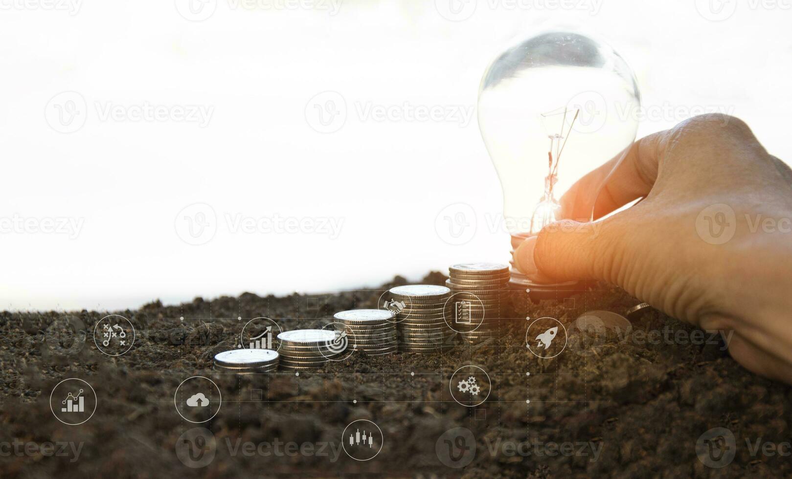 Ideas, business recovery, innovation, brainstorming, inspiration and problem solving ideas. light bulb on the ground photo