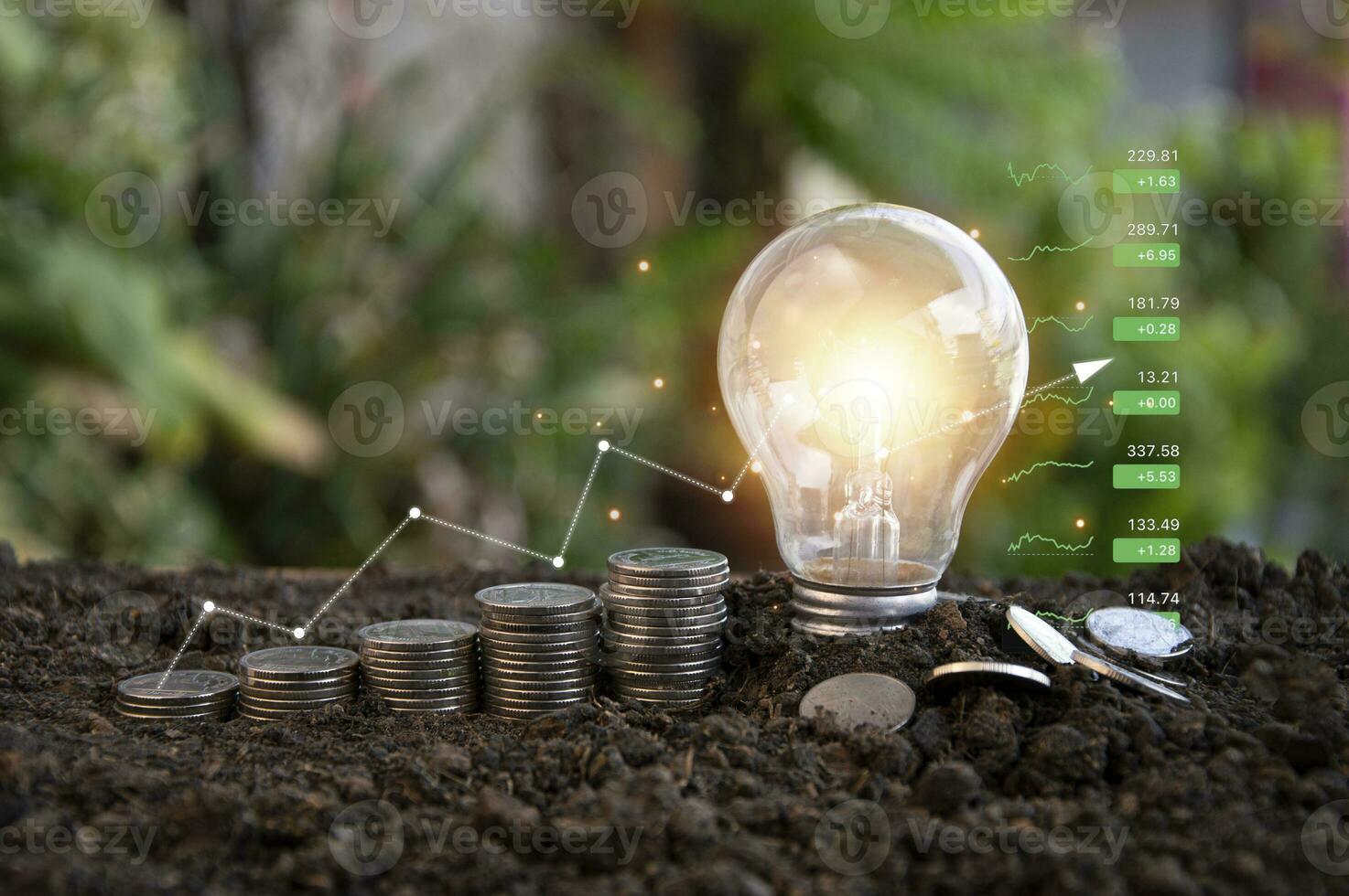 Business turnaround ideas, innovation, brainstorming, inspiration and problem solving ideas. Light bulbs and coins lay on the floor. photo