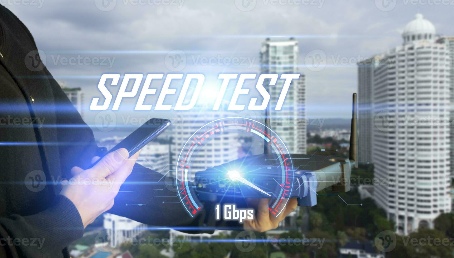 Super Fast internet connection speedtest bandwidth network technology, Man using Internet high speed by smartphone and laptop computer, 5G quality, speed optimization. photo