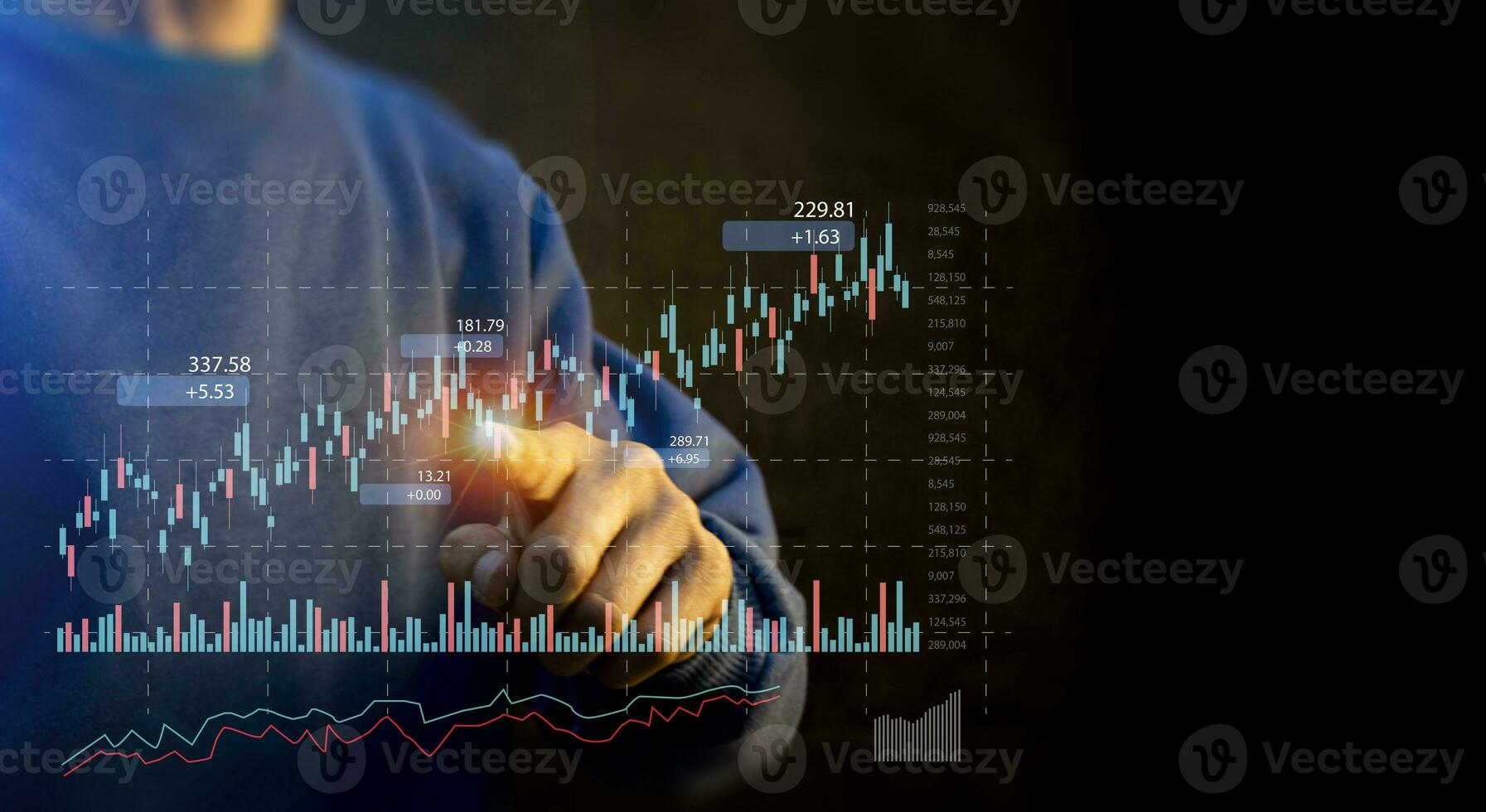 planificación estrategia valores mercado negocio crecimiento Progreso o éxito empresario o comerciante mano toques demostración virtual holograma valores invertir en comercio foto