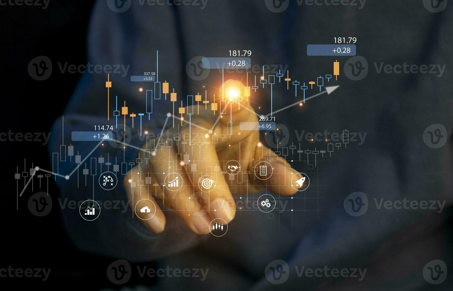 Planning Strategy Stock Market Business Growth progress or success Businessman or trader hand touches showing virtual hologram stock invest in trading photo