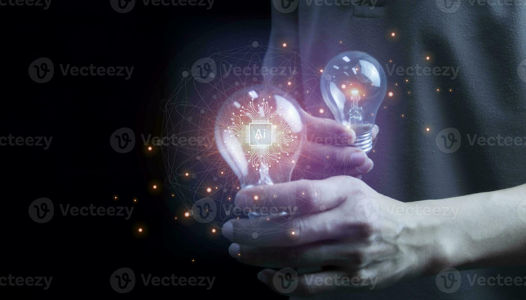 Man holding light bulb, new idea with AI technology, innovation and creativity. Get creative with glowing light bulbs. photo