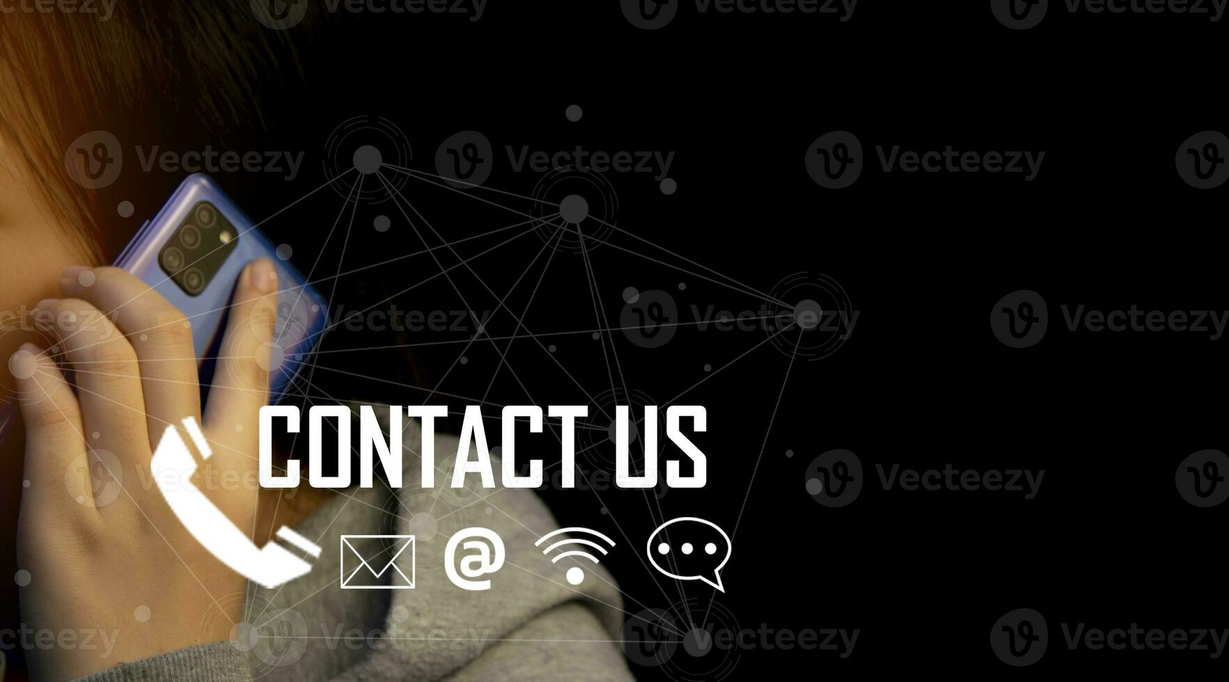 Contact us or our customer support hotline where people connect. and touch the contact icon on the virtual screen photo