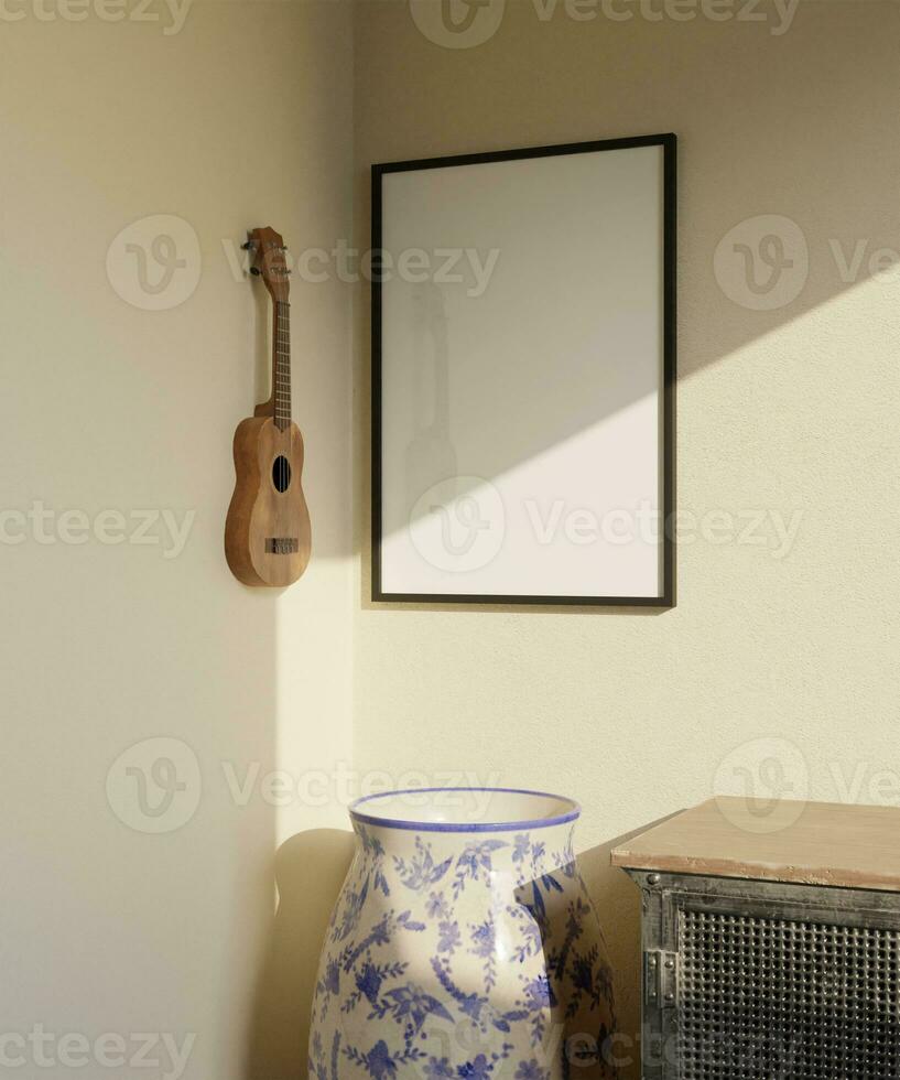 classic minimalist frame mockup poster hanging on the beige wall in the corner of the room with vase and ukulele decoration photo