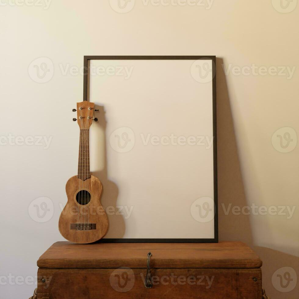 clean minimalist frame mockup poster above the table with ukulele decoration photo