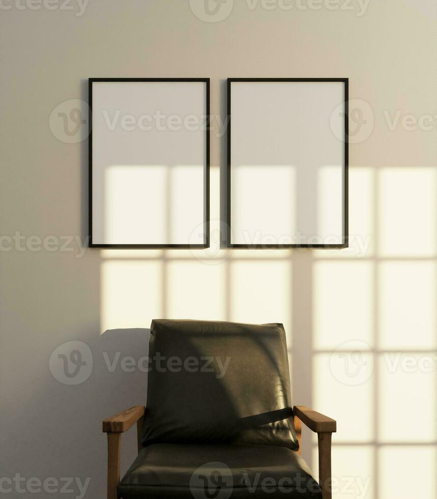 a stylist couple frame mockup poster above the chair hanging on the white wall in the minimalist inetrior setup photo