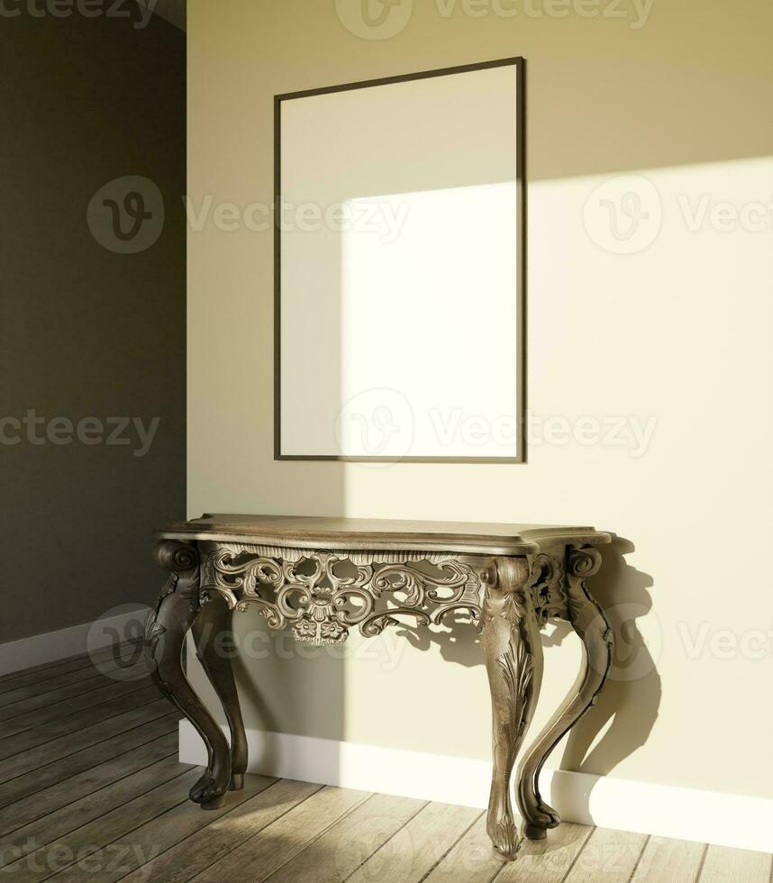 traditional portrait of frame mockup poster hanging on the wall above the gothic style console table photo