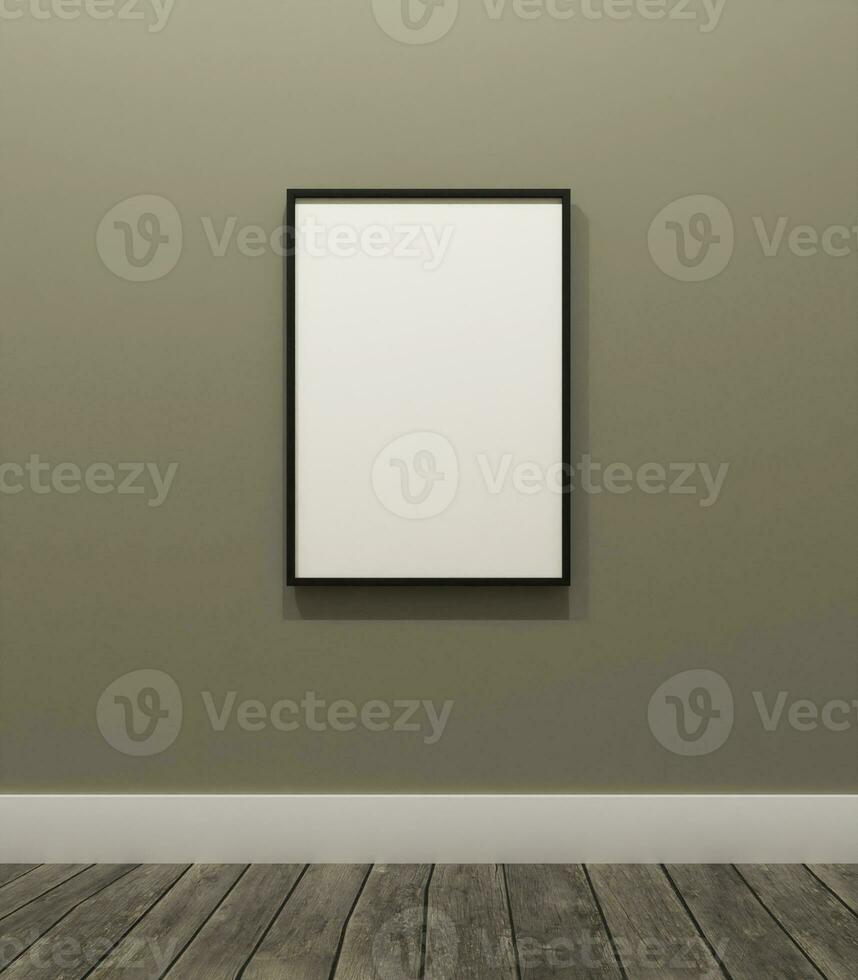 simple minimalist portrait of frame mockup poster hanging on the green wall background photo