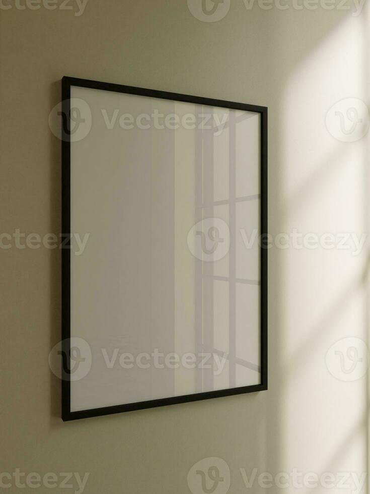 simple frame mockup poster hanging on the beige wall. wall background with window light and shadow photo