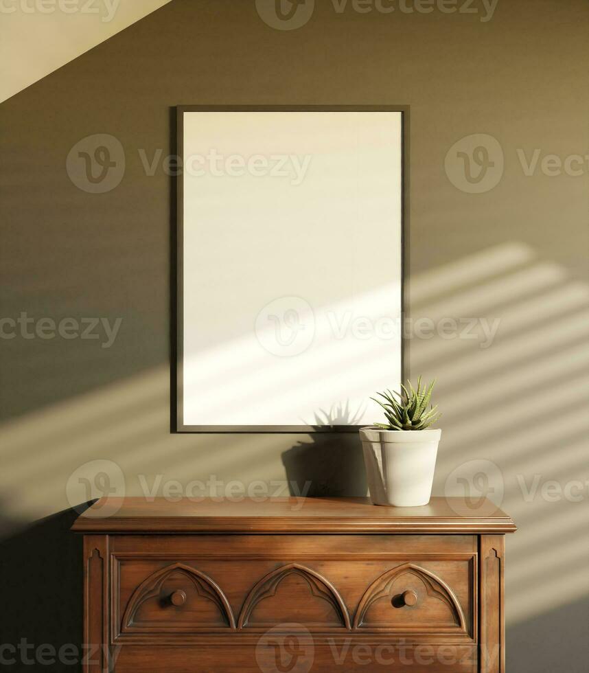 realistic of a portrait frame mockup poster above the cabinet hanging on the dark wall with plant decoration photo