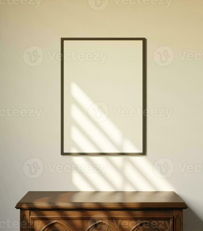 clean minimalist empty frame mockup poster hanging on the white wall above the wooden cabinet photo