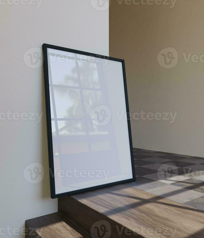 a single portrait photo frame mockup poster on the floor light by sunlight in the minimlaist interior with reflection of the window