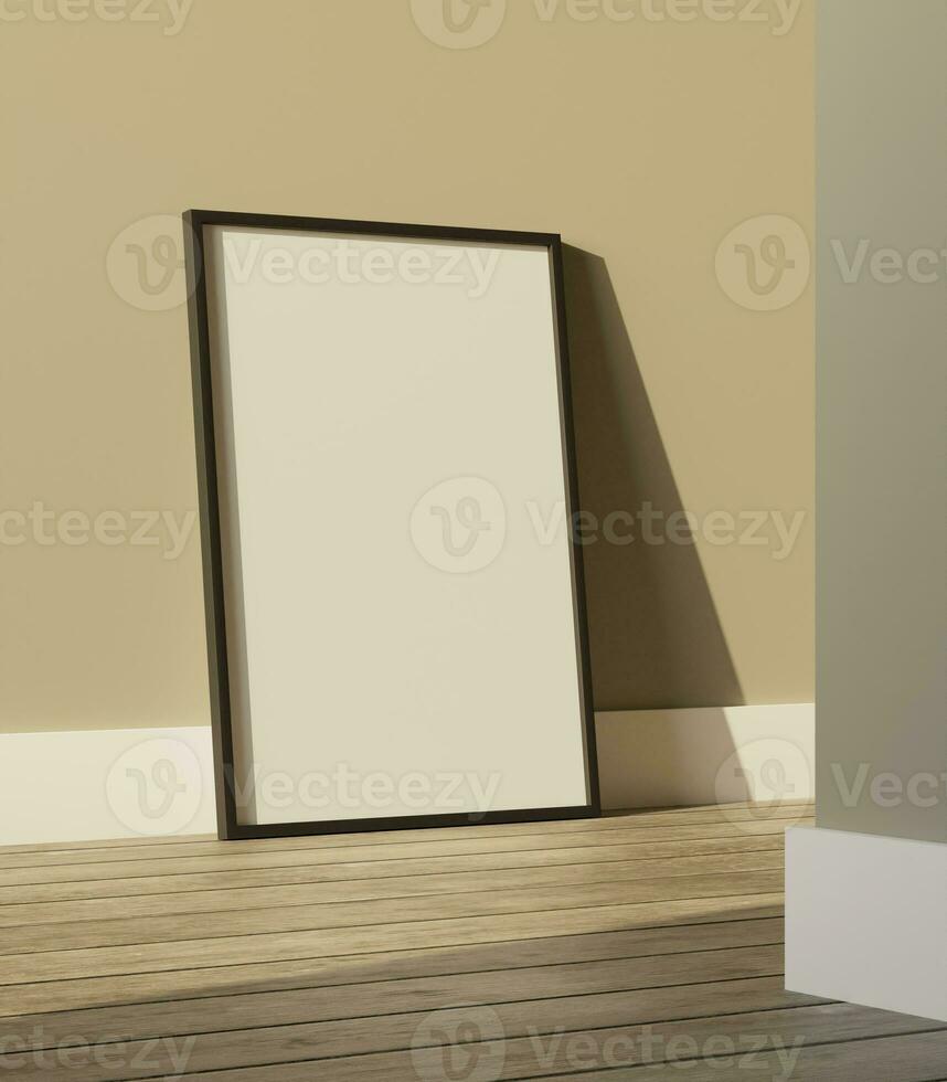simple minimalist farme mockup poster standing on the wooden floor and green wall background photo
