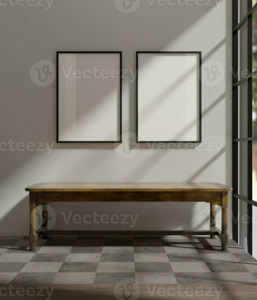 un Pareja de foto marco Bosquejo póster colgando junto a de el ventana en el habitación encima el mesa con retro Mira