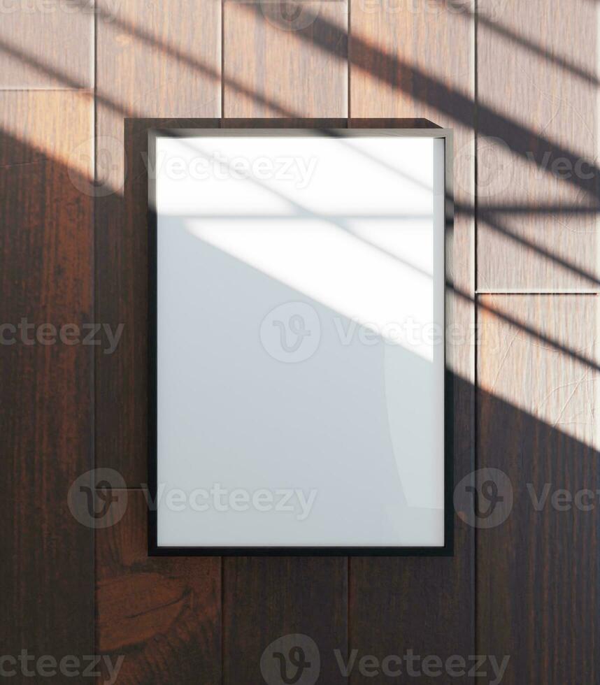 Simple aesthetic frame mockup poster on the wood floor light by sunlight from window photo