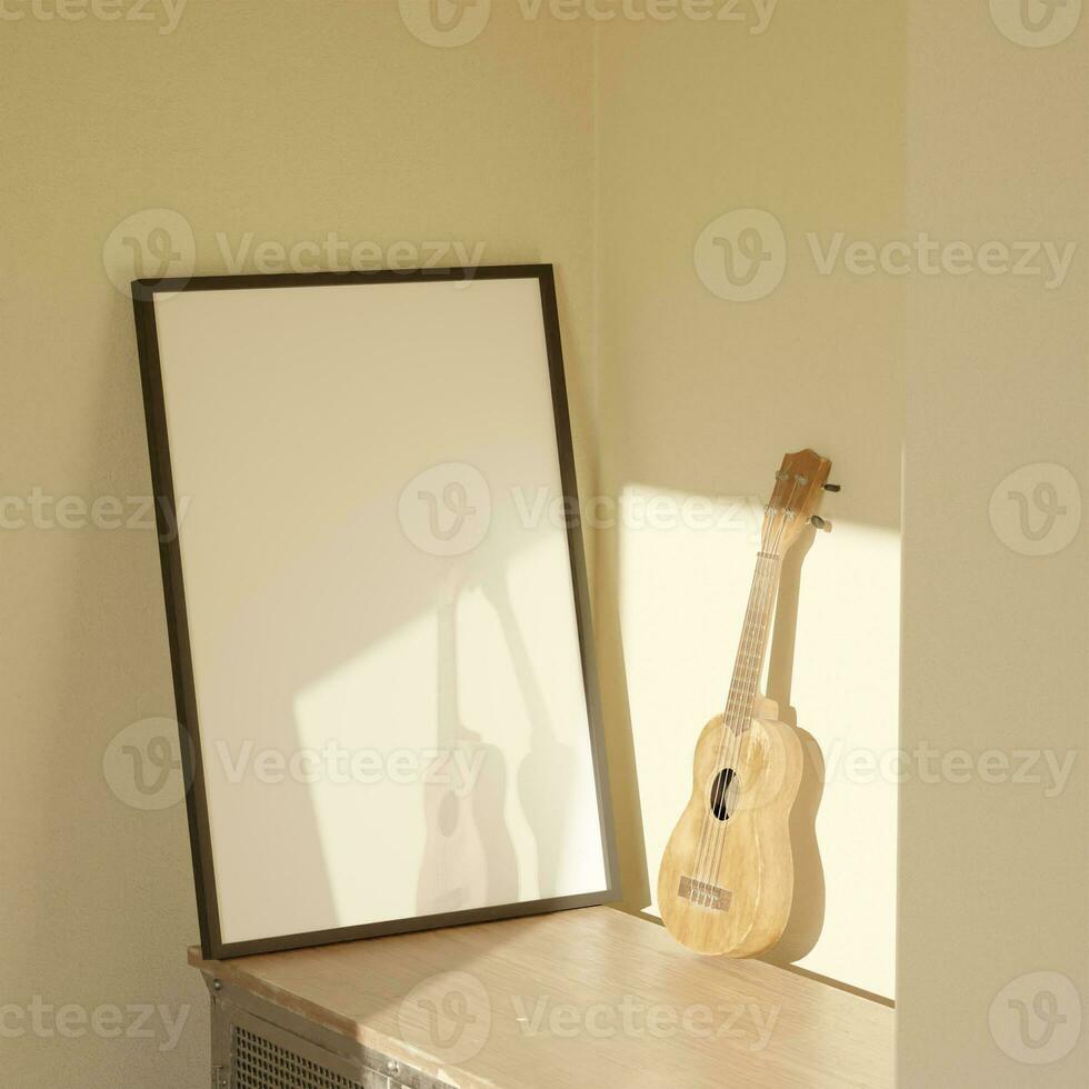 stylist 5x7 frame mockup poster standing on the wooden table and beige wall with ukulele as decoration photo