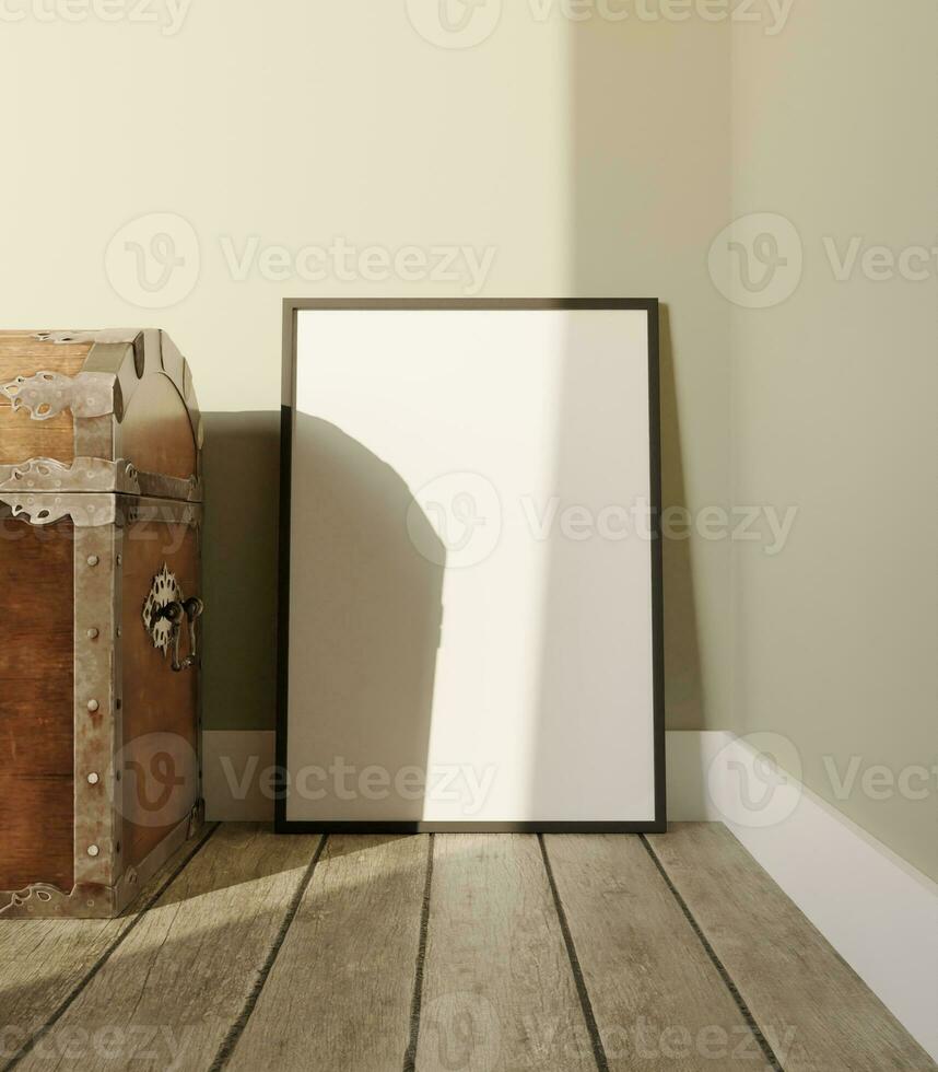 an empty portrait frame mockup poster standing on the wooden floor beside the treasure box and the green wall photo